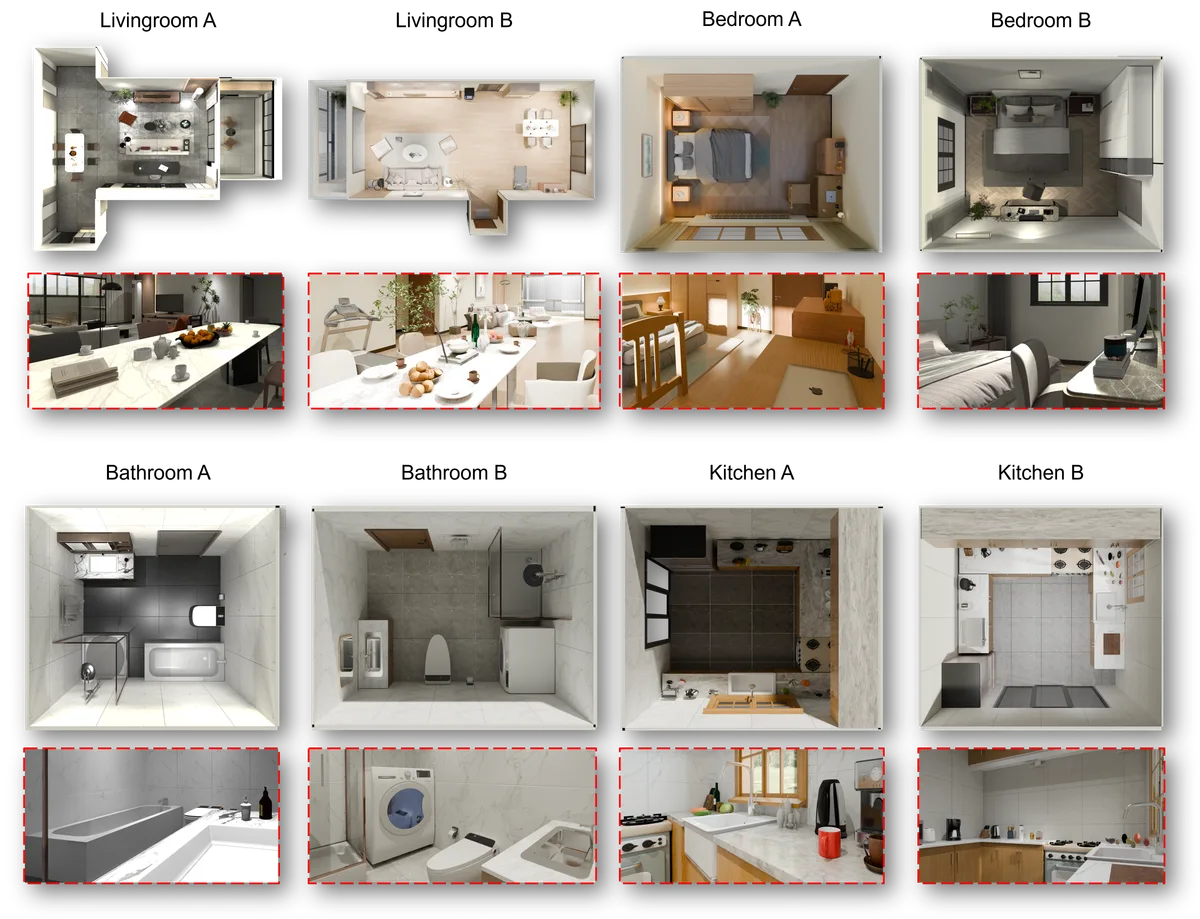 Generated functional rooms: living room, bedroom, bathroom, and kitchen