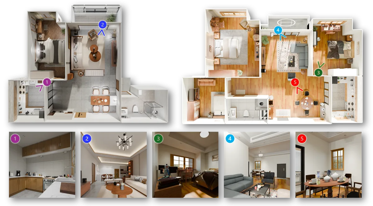 Whole-home generation results across floorplans and furnished room views